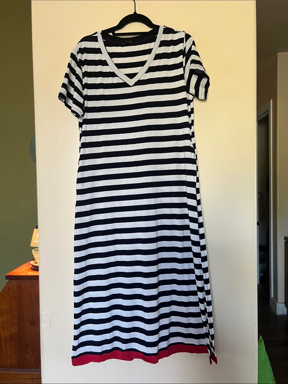 Maxi Short Short Sleeve Women's Dress in Navy Blue, Red, and White with Pockets